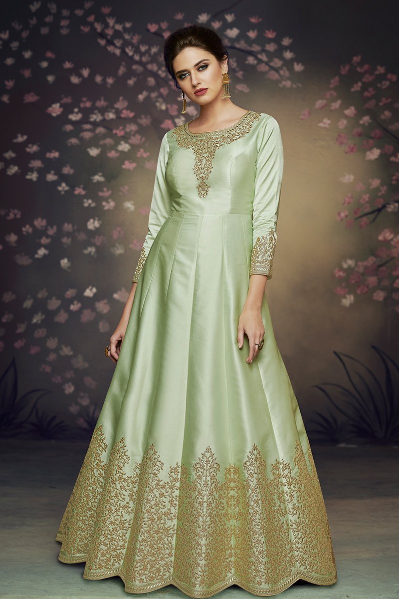 Charming Green Party Wear Satin Silk Gown