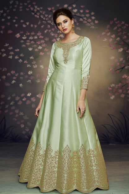 Charming Green Party Wear Satin Silk Gown
