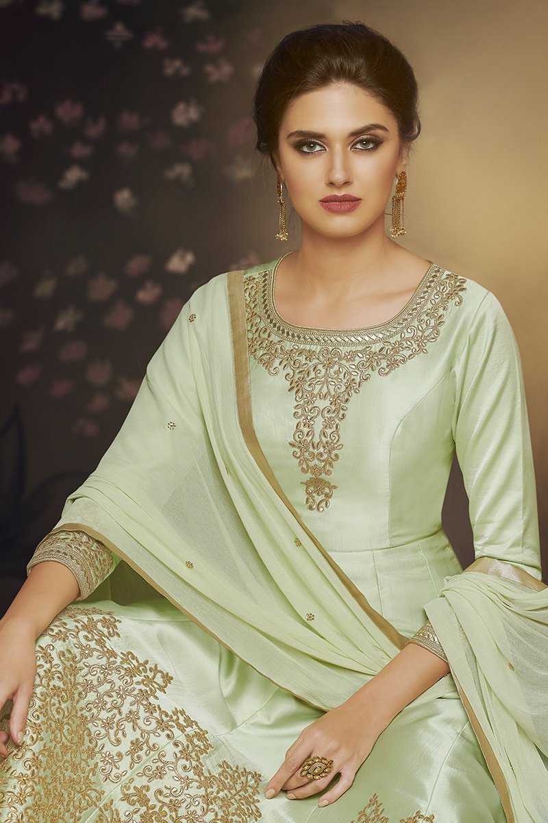 Charming Green Party Wear Satin Silk Gown