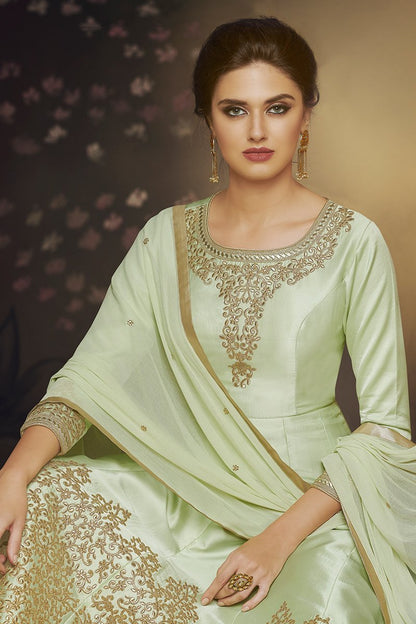 Charming Green Party Wear Satin Silk Gown