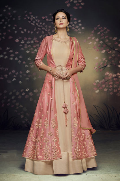 Pink and Beige Net and Satin Silk Gown with Jacket