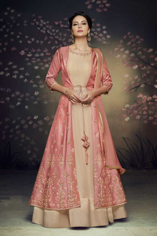 Pink and Beige Net and Satin Silk Gown with Jacket