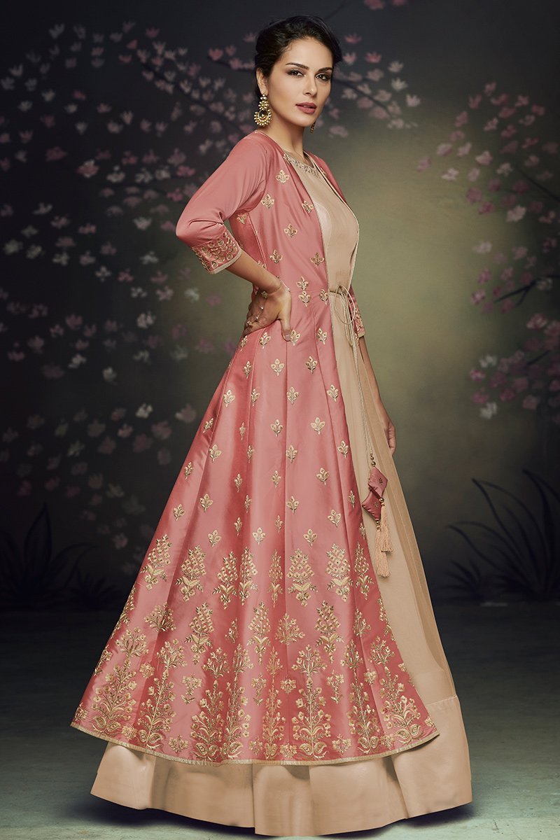 Pink and Beige Net and Satin Silk Gown with Jacket