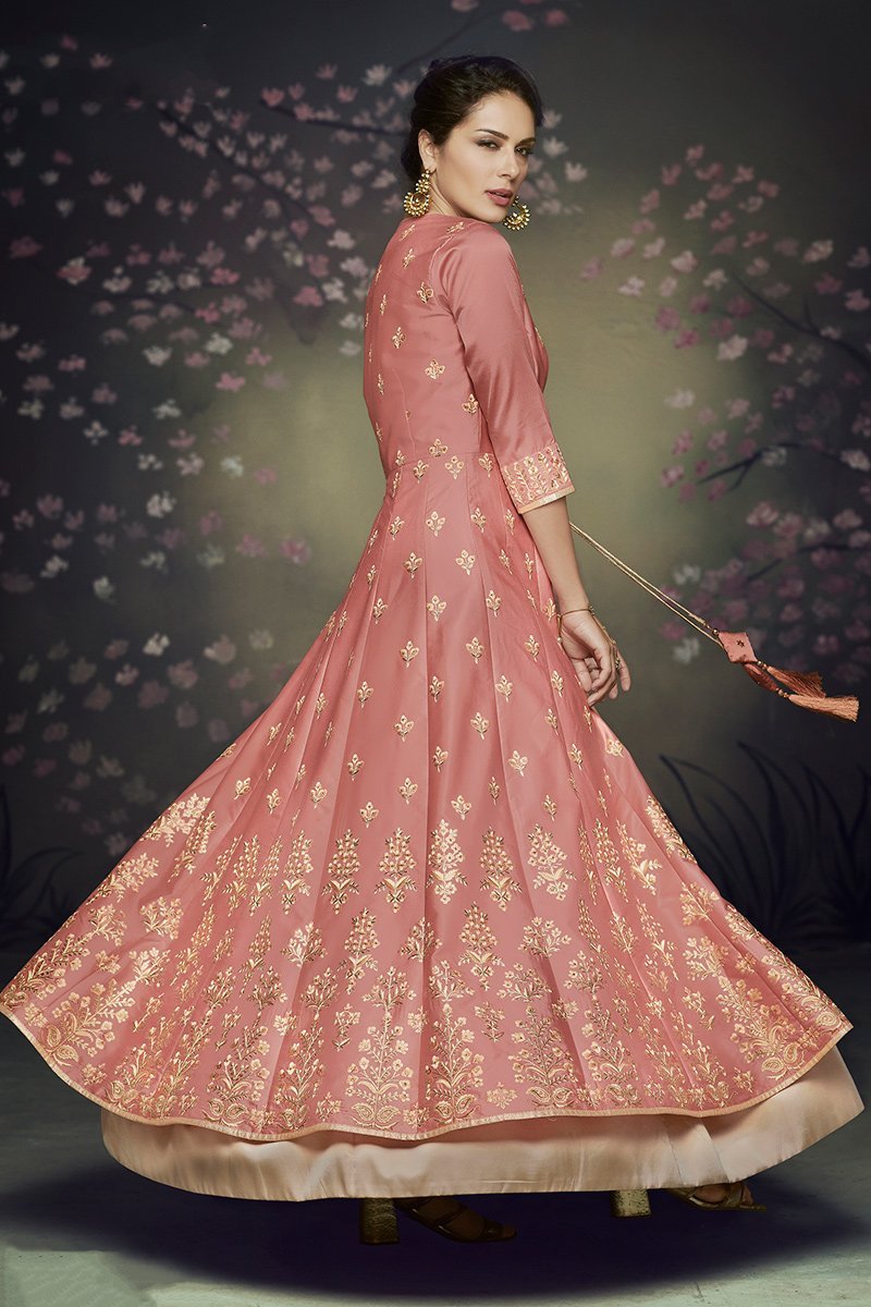 Pink and Beige Net and Satin Silk Gown with Jacket