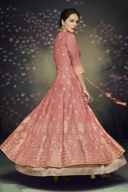Pink and Beige Net and Satin Silk Gown with Jacket