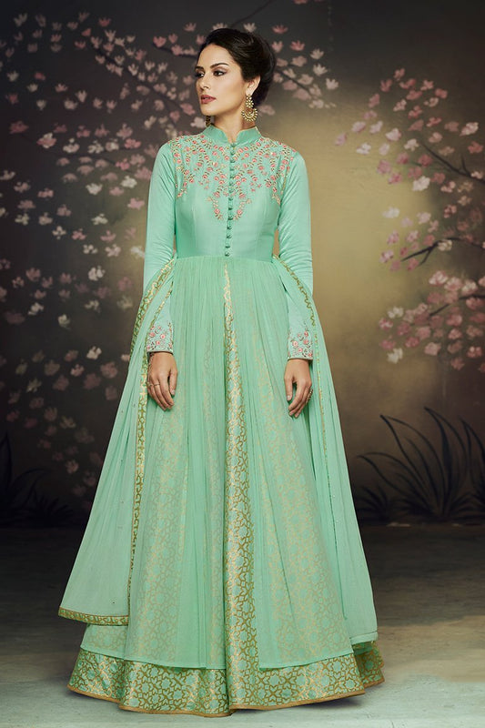 Sea Green Net and Brocade Party Wear Gown