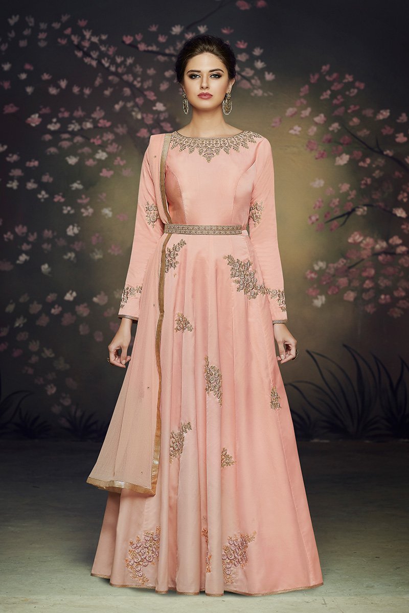 Peach Satin Silk Party Wear Gown