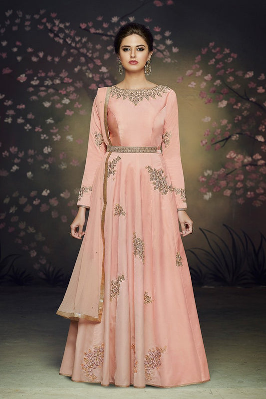 Peach Satin Silk Party Wear Gown