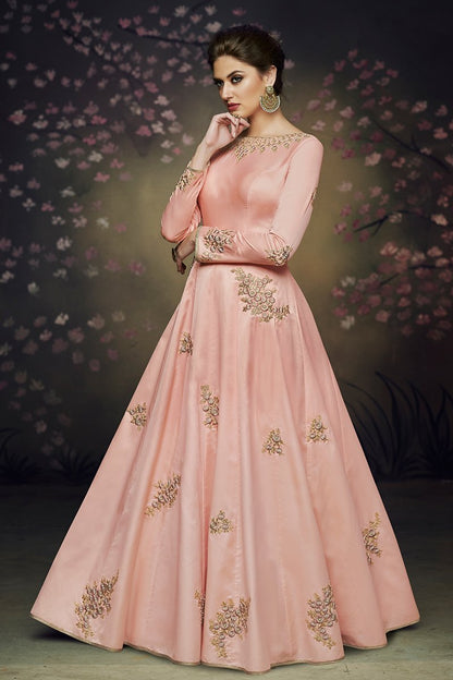 Peach Satin Silk Party Wear Gown