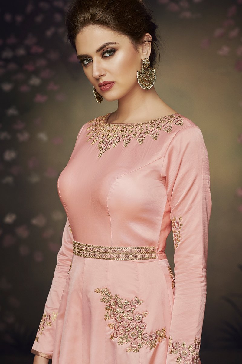 Peach Satin Silk Party Wear Gown