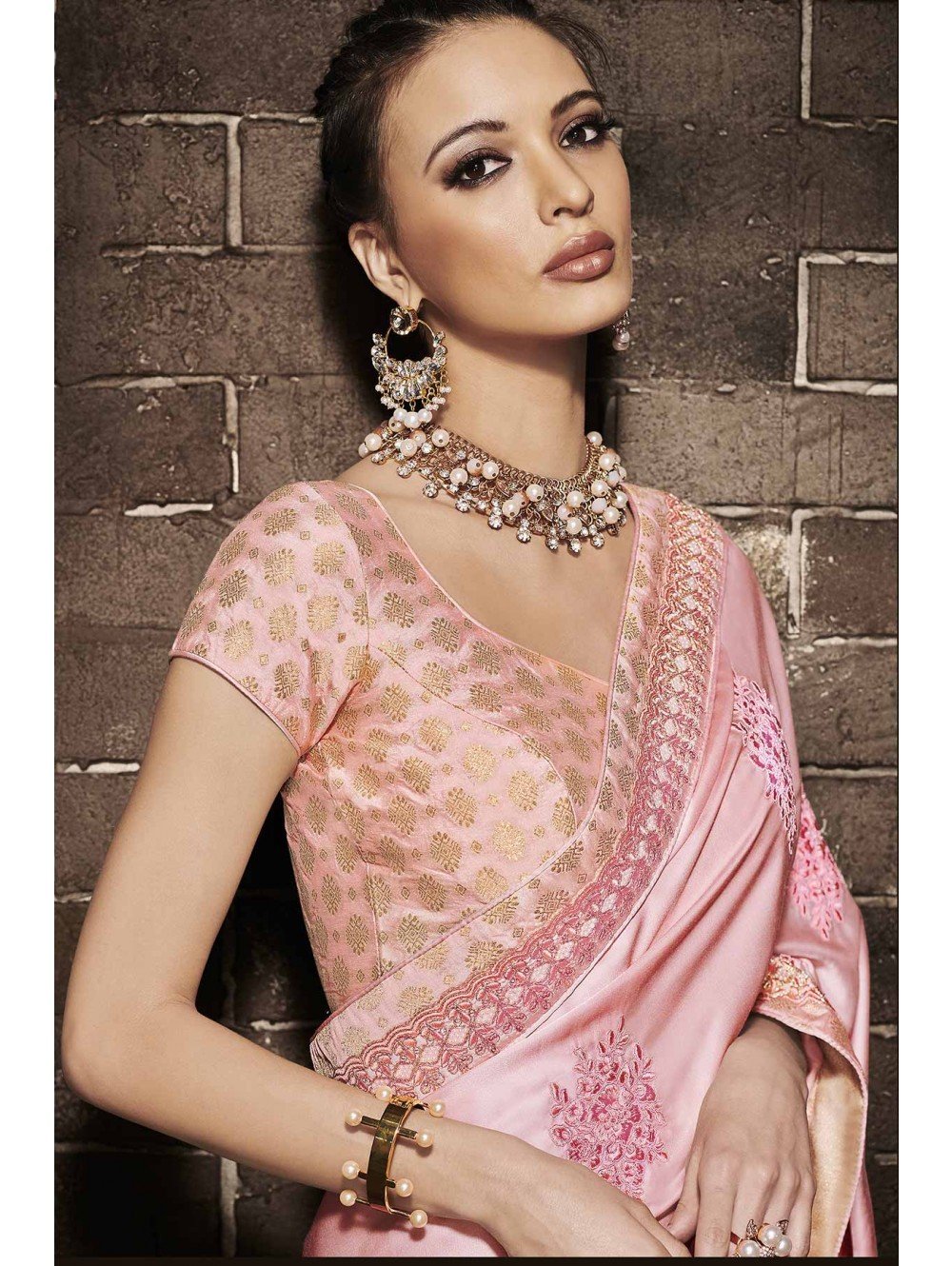 Pink Embroidered Designer Muslin Satin Saree