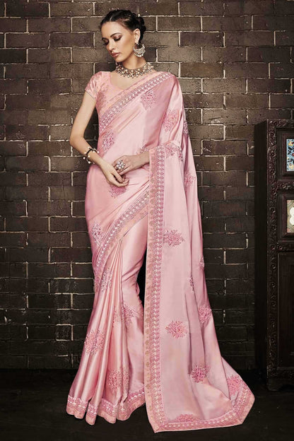 Pink Embroidered Designer Muslin Satin Saree