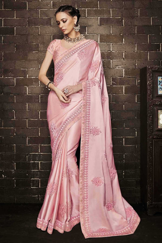 Pink Embroidered Designer Muslin Satin Saree