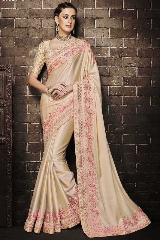 Beige Embroidered Designer Muslin Satin Saree