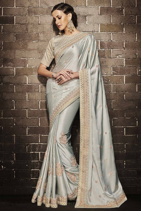 Grey Embroidered Designer Muslin Satin Saree
