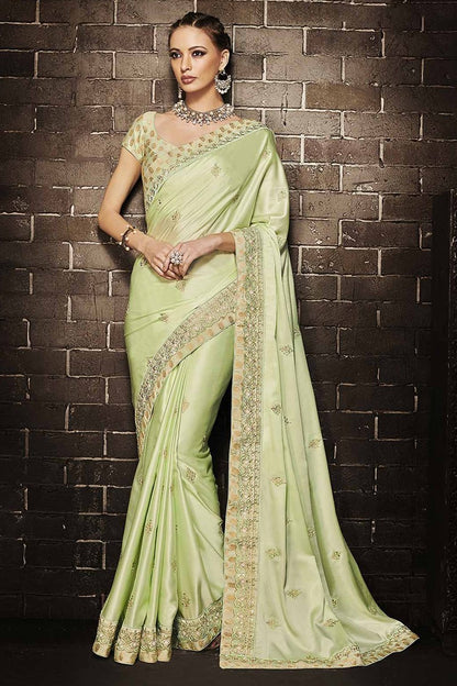 Pista Green Embroidered Designer Muslin Satin Saree