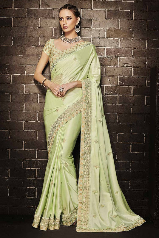 Pista Green Embroidered Designer Muslin Satin Saree