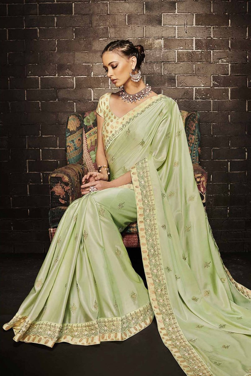 Pista Green Embroidered Designer Muslin Satin Saree