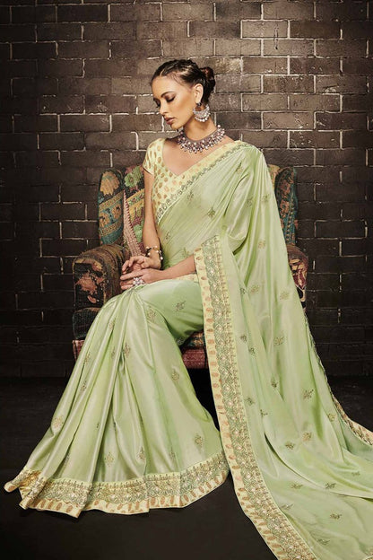 Pista Green Embroidered Designer Muslin Satin Saree