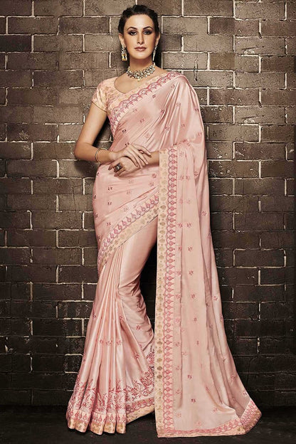 Peach Embroidered Designer Muslin Satin Saree