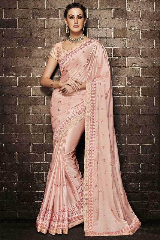 Peach Embroidered Designer Muslin Satin Saree