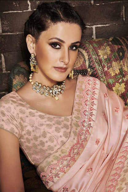 Peach Embroidered Designer Muslin Satin Saree