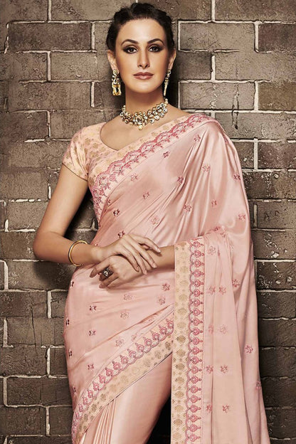 Peach Embroidered Designer Muslin Satin Saree