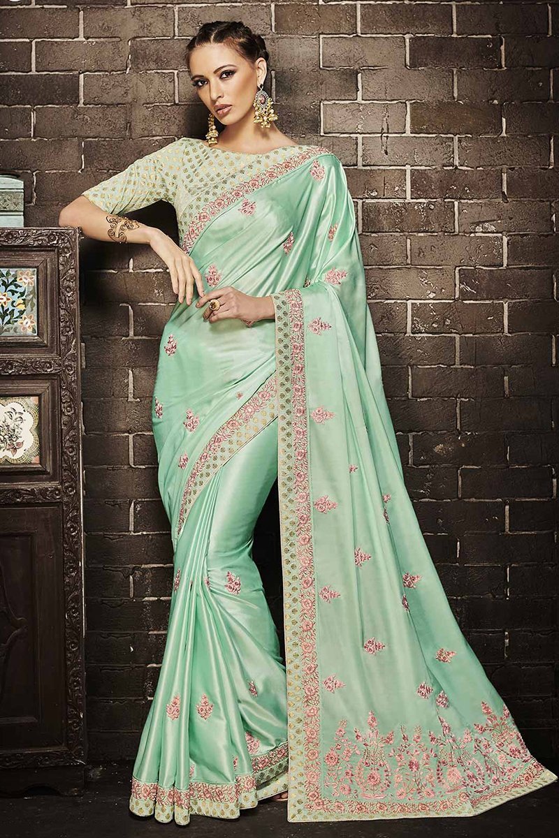 Green Embroidered Designer Muslin Satin Saree