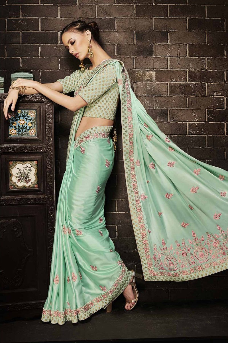 Green Embroidered Designer Muslin Satin Saree