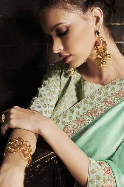 Green Embroidered Designer Muslin Satin Saree