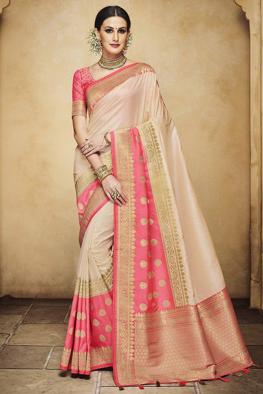 Beige Embroidered Designer heavy Silk Jacquard Saree