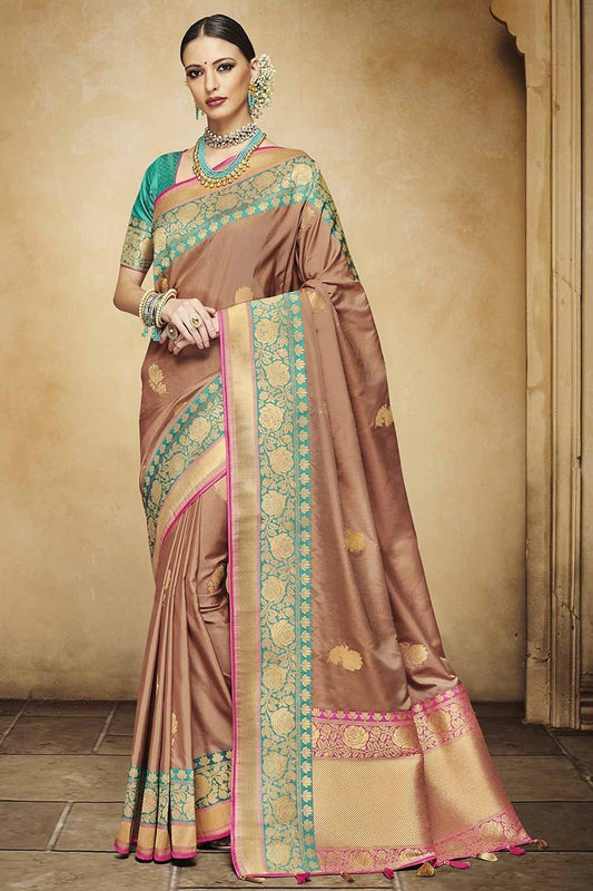 Brown Embroidered Designer heavy Silk Jacquard Saree