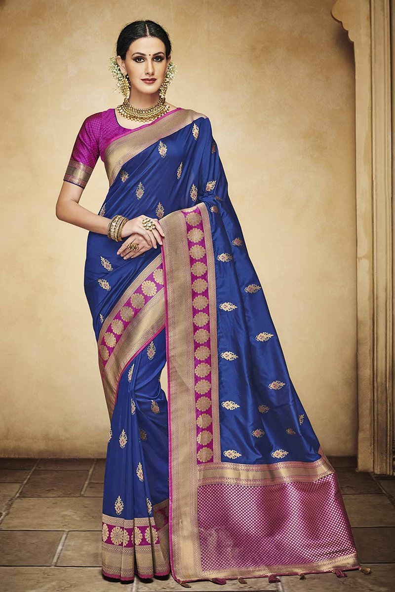 Navy Blue Embroidered Designer heavy Silk Jacquard Saree