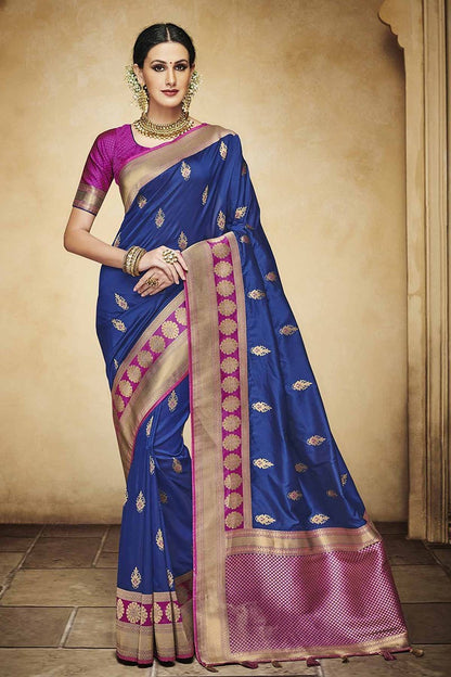 Navy Blue Embroidered Designer heavy Silk Jacquard Saree