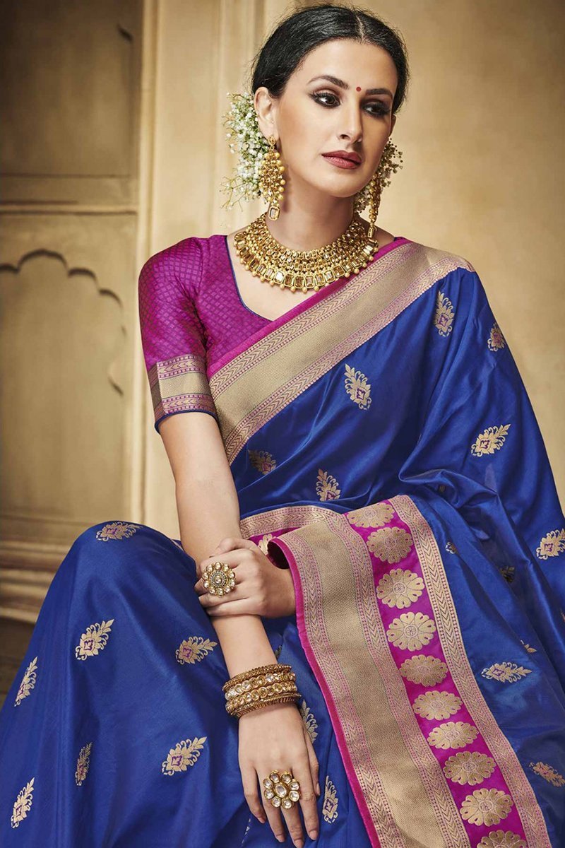 Navy Blue Embroidered Designer heavy Silk Jacquard Saree