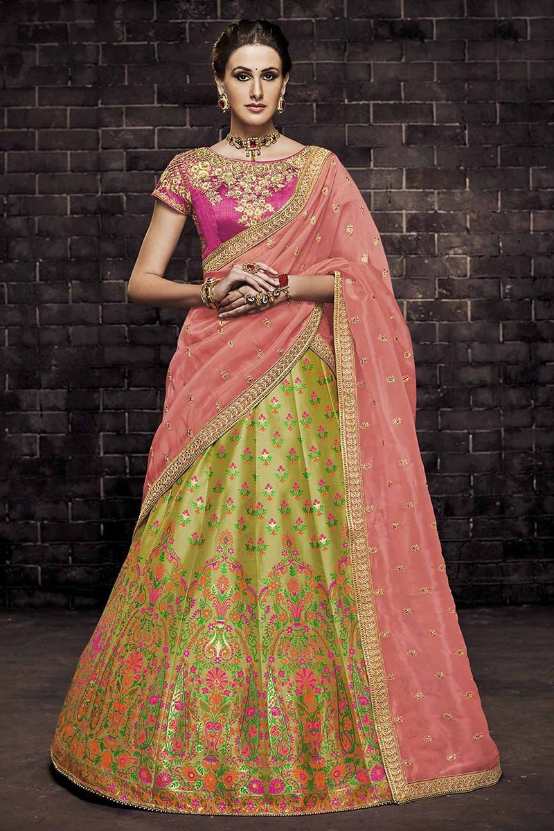 Olive Brocade Fabric Party Wear Lehenga Choli