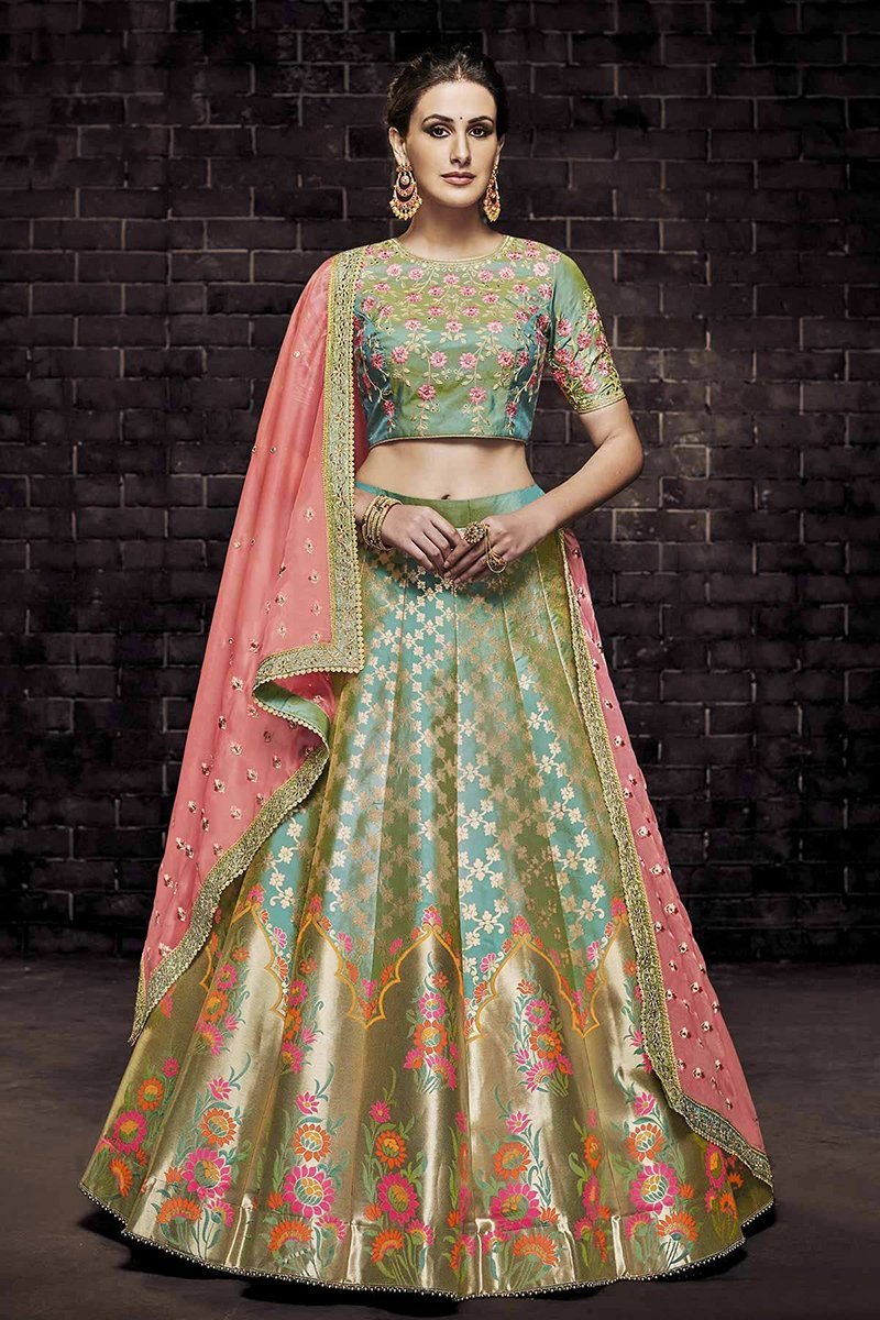 Rama Green Colour Brocade Party Wear Lehenga Choli