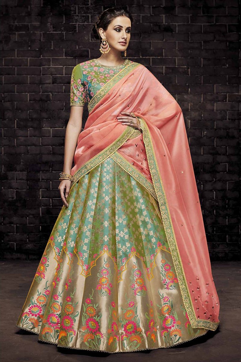 Rama Green Colour Brocade Party Wear Lehenga Choli