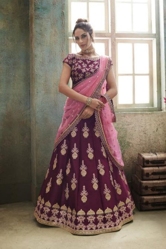 Wine and Pink Silk Party Wear Lehenga Set