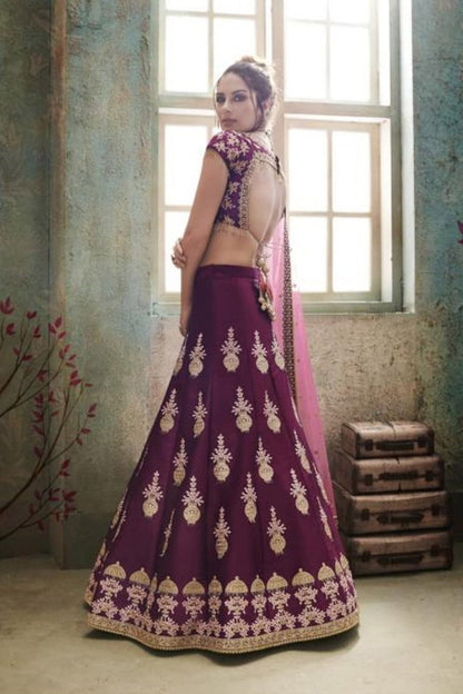 Wine and Pink Silk Party Wear Lehenga Set