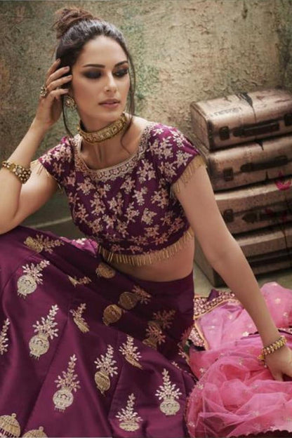 Wine and Pink Silk Party Wear Lehenga Set