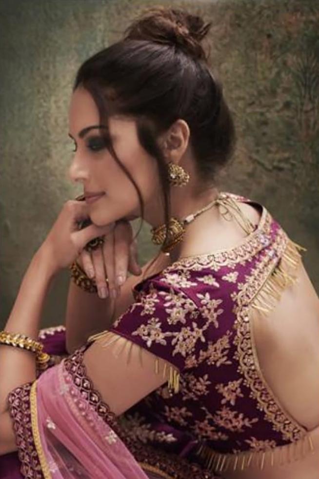 Wine and Pink Silk Party Wear Lehenga Set