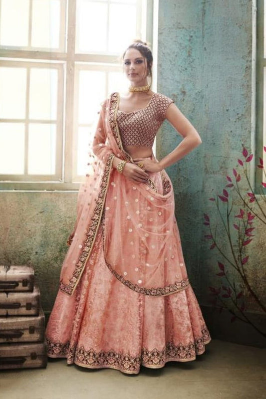 Peach and Coffee colored Silk Party Wear Lehenga Set