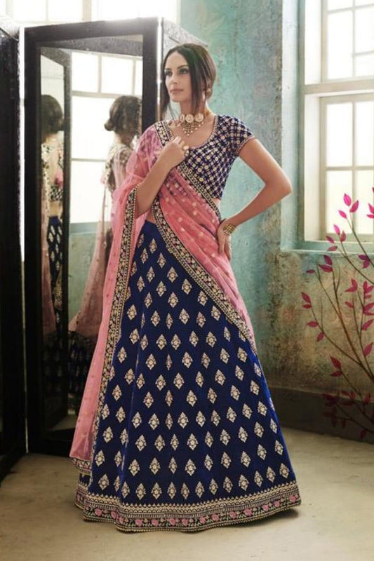 Navy Blue and Pink colored Velvet Party Wear Lehenga Set