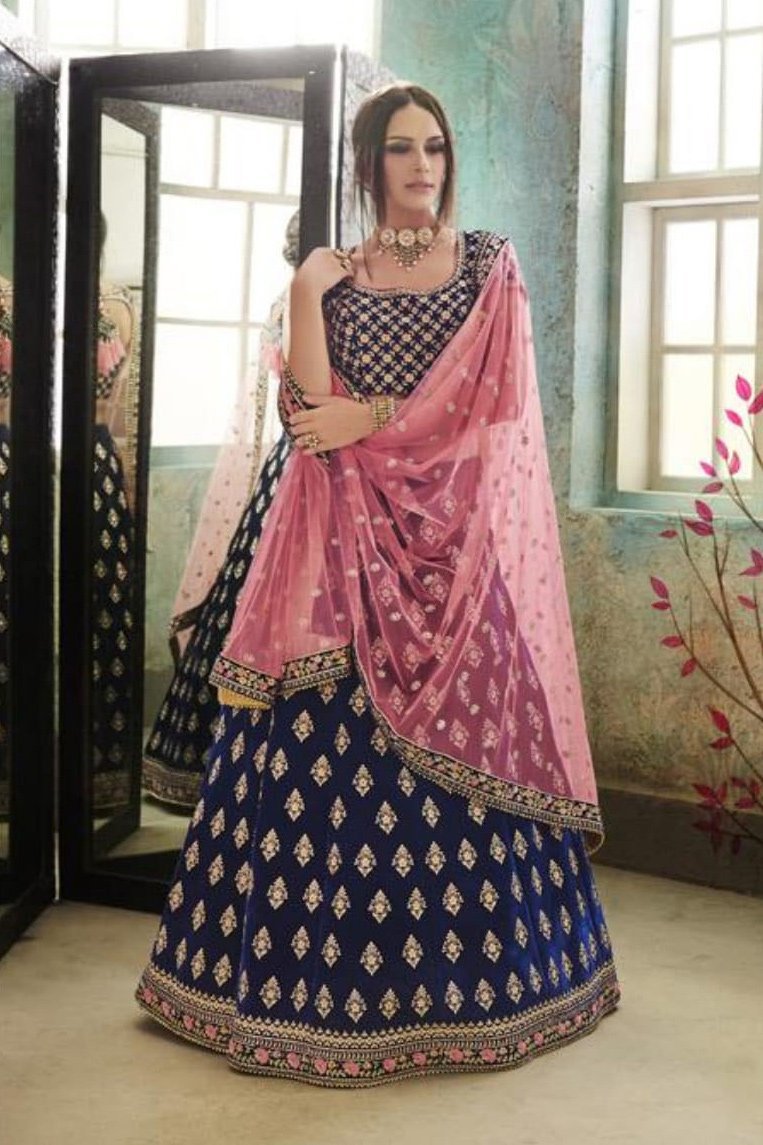 Navy Blue and Pink colored Velvet Party Wear Lehenga Set