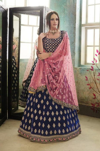 Navy Blue and Pink colored Velvet Party Wear Lehenga Set