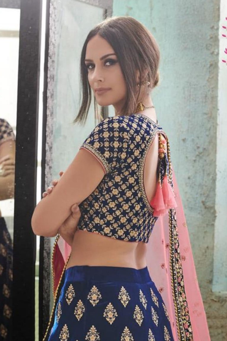 Navy Blue and Pink colored Velvet Party Wear Lehenga Set