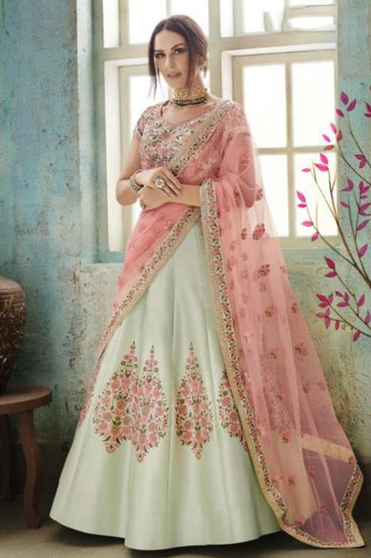 Pista and Peach colored Silk Party Wear Lehenga Set