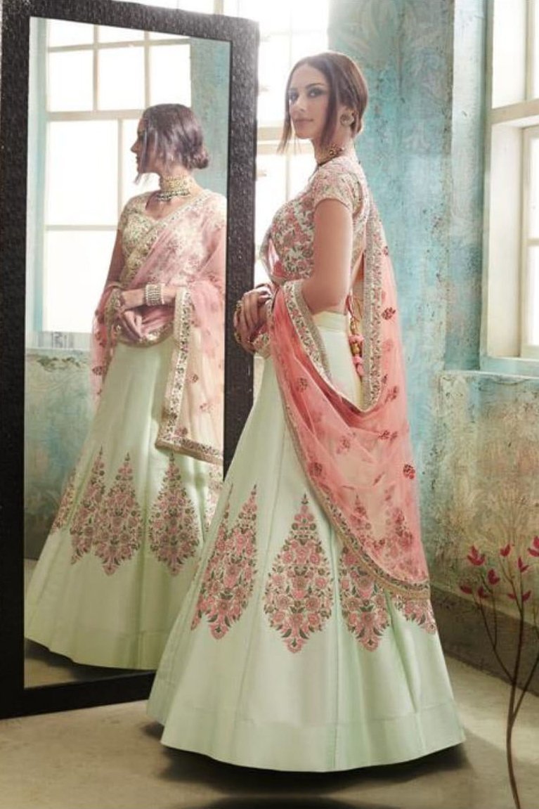 Pista and Peach colored Silk Party Wear Lehenga Set