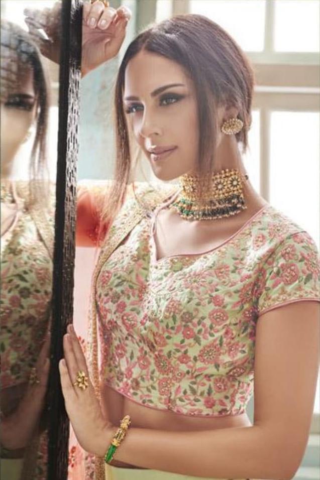Pista and Peach colored Silk Party Wear Lehenga Set